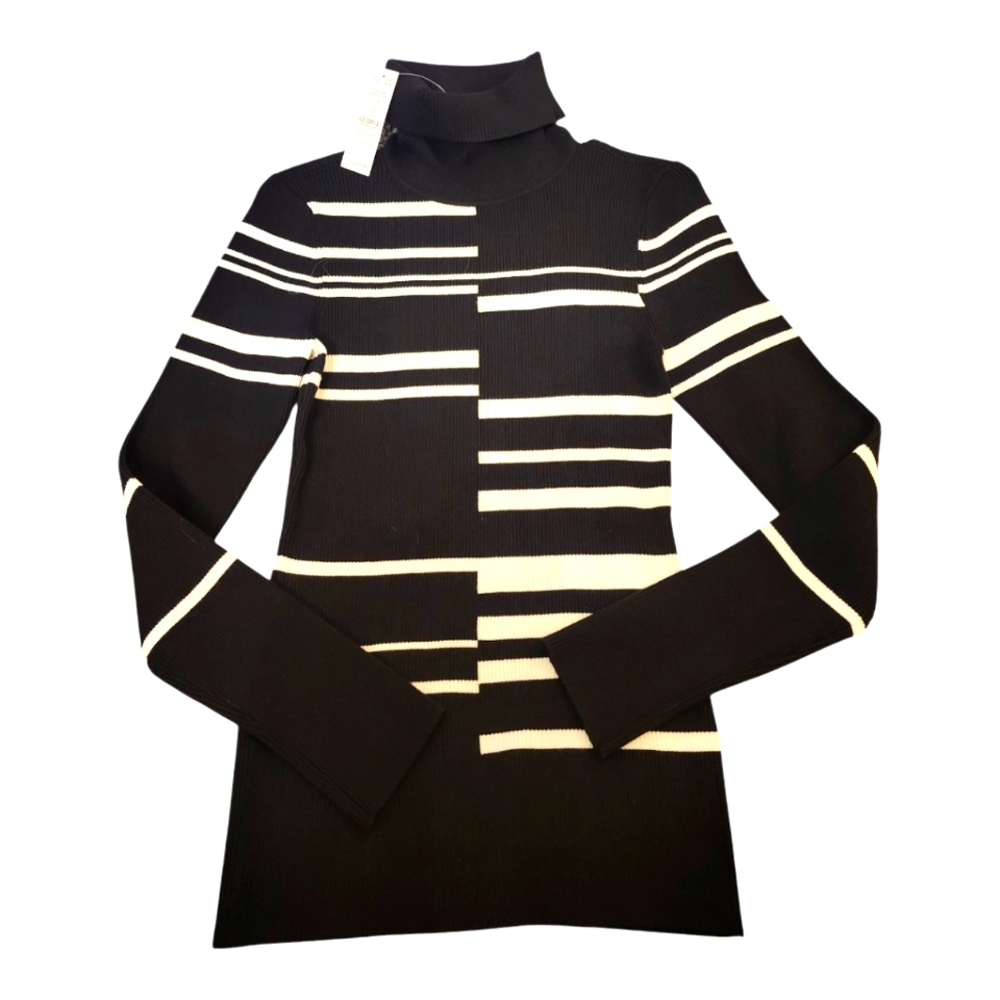NWT WHBM Black and Ecru Striped Women's Long Sleeve Turtleneck Size M